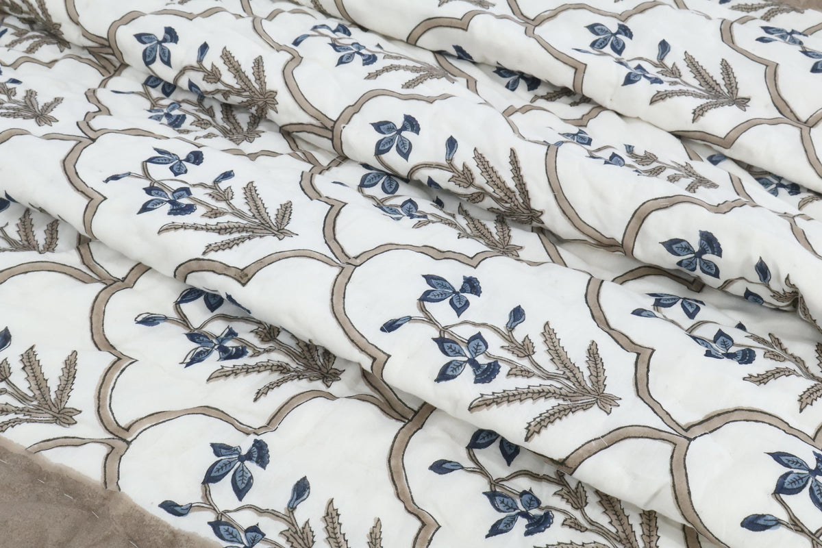Reversible Cotton Razai & Quilt | Blue Floral Block Print