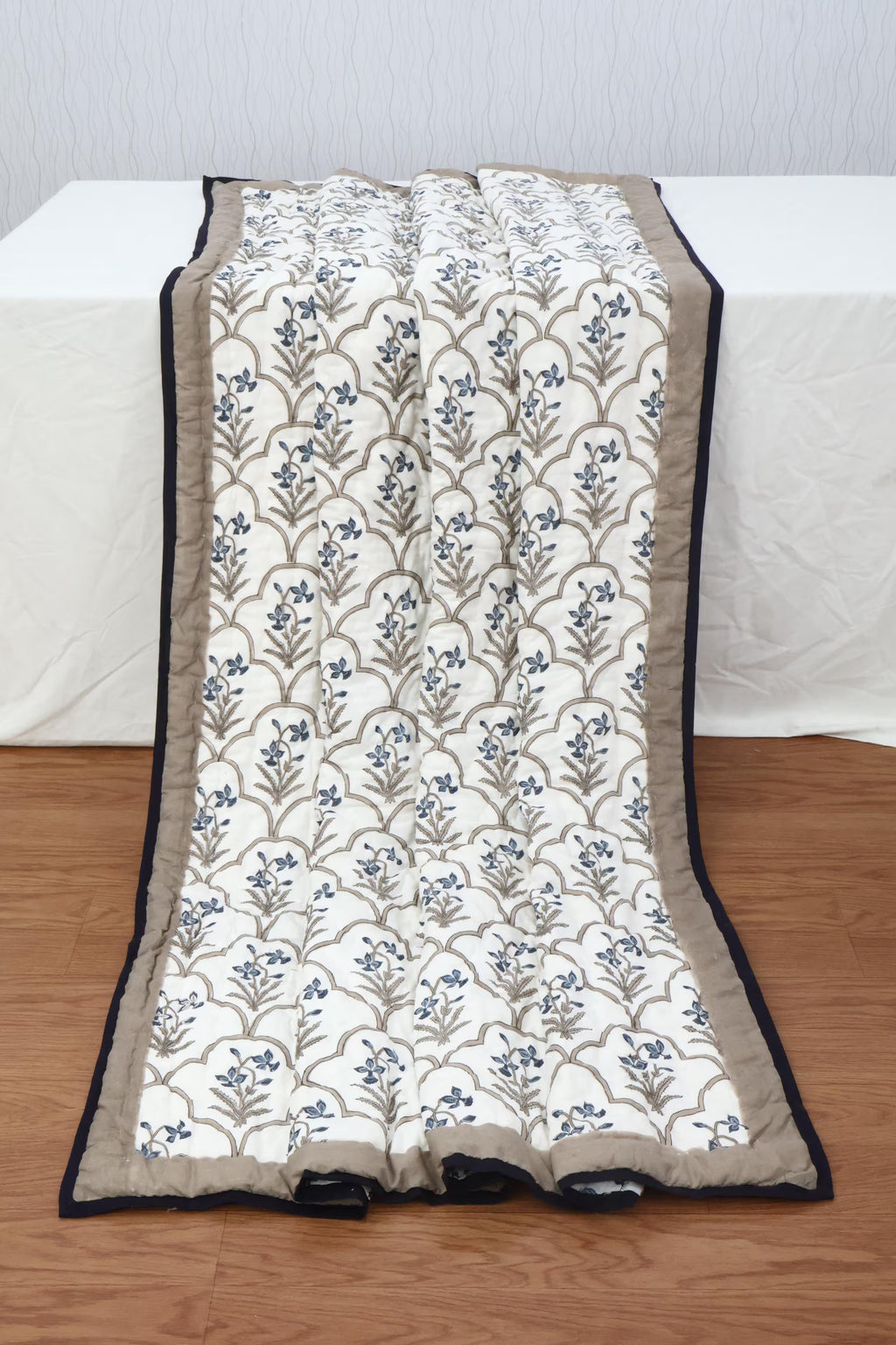 Reversible Cotton Razai & Quilt | Blue Floral Block Print