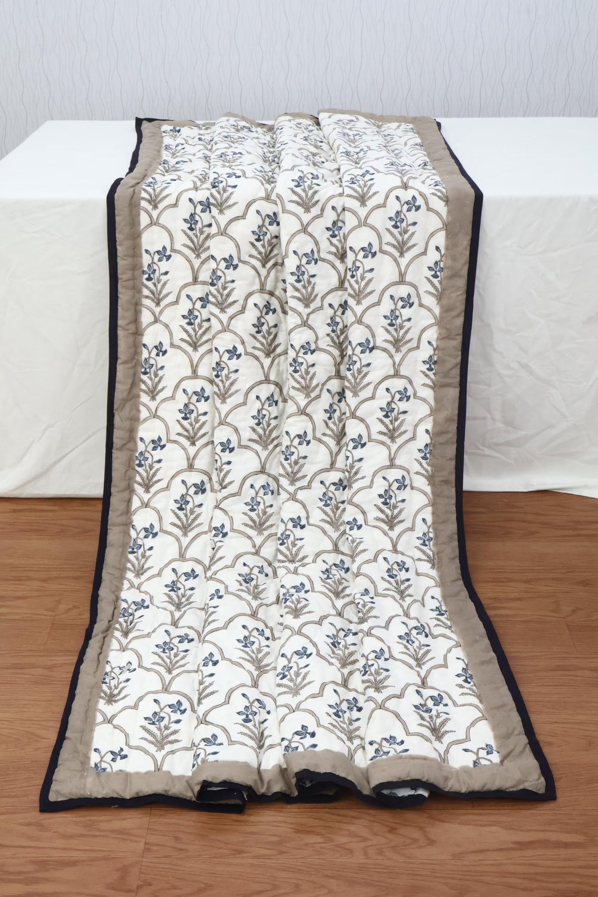 Reversible Cotton Razai & Quilt | Blue Floral Block Print