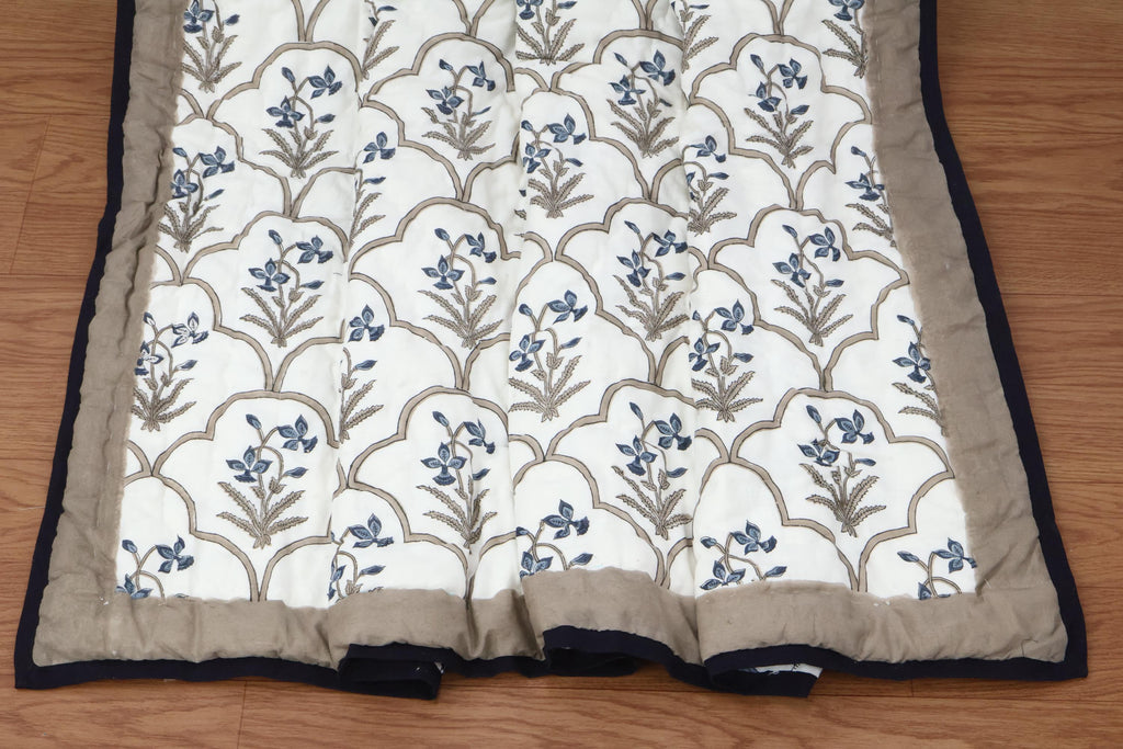 Reversible Cotton Razai & Quilt | Blue Floral Block Print