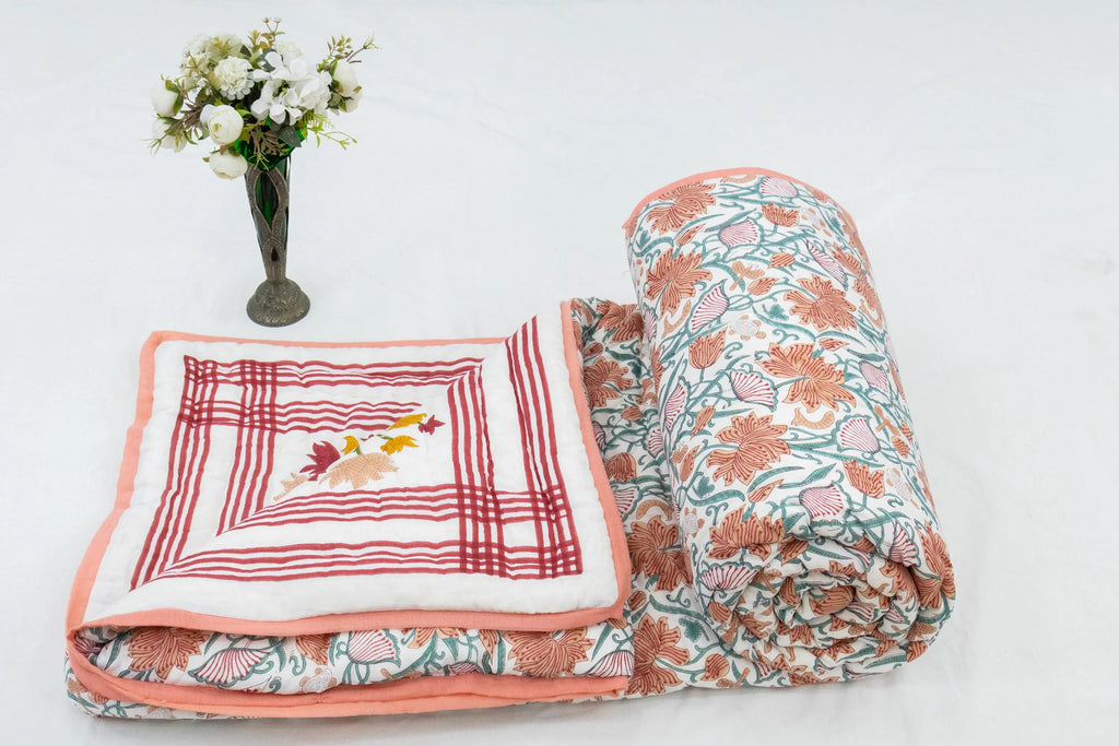 Multi Floral Hand Block Printed Jaipur Quilt | Cotton Razai