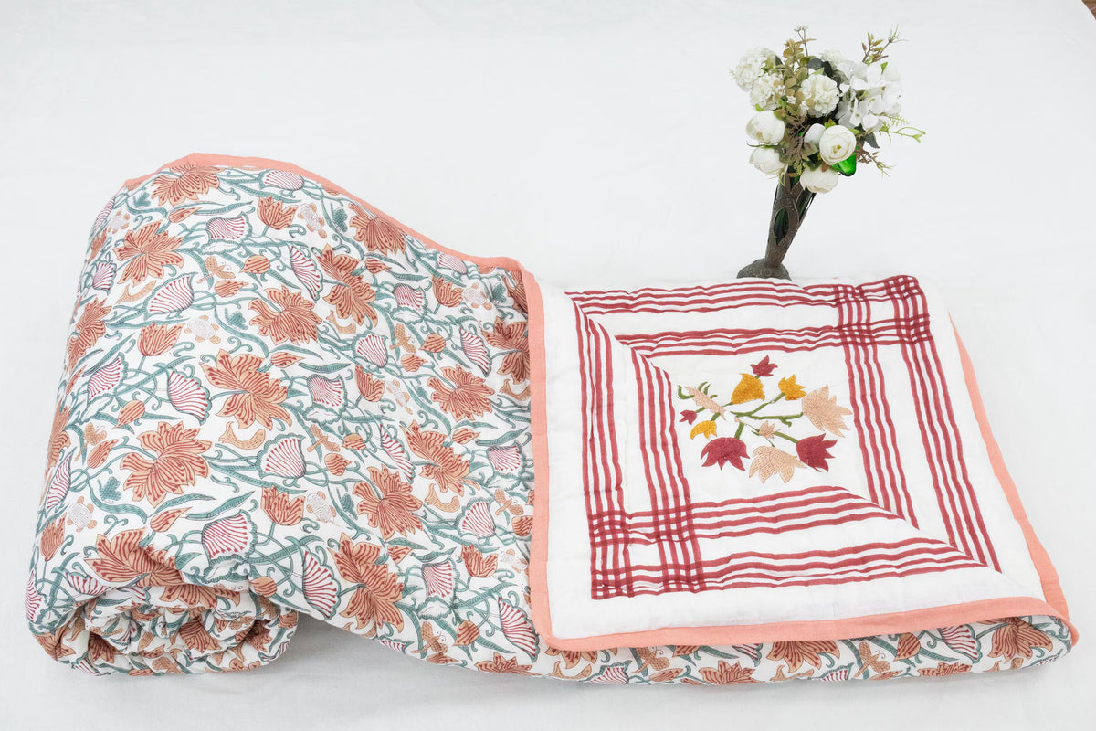 Multi Floral Hand Block Printed Jaipur Quilt | Cotton Razai