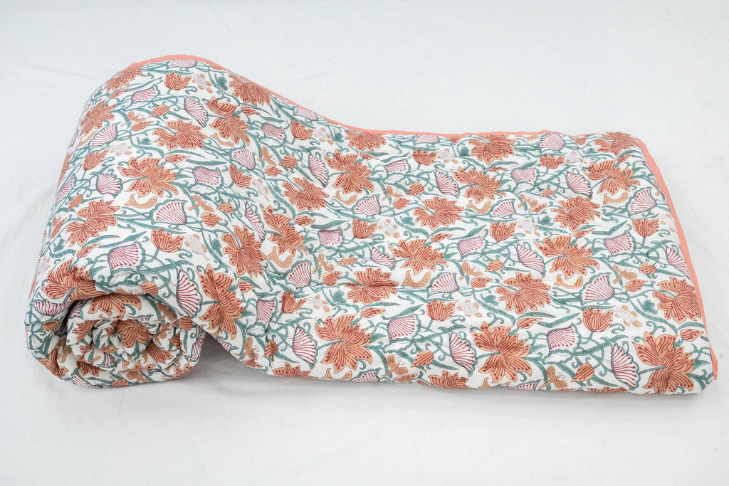 Multi Floral Hand Block Printed Jaipur Quilt | Cotton Razai