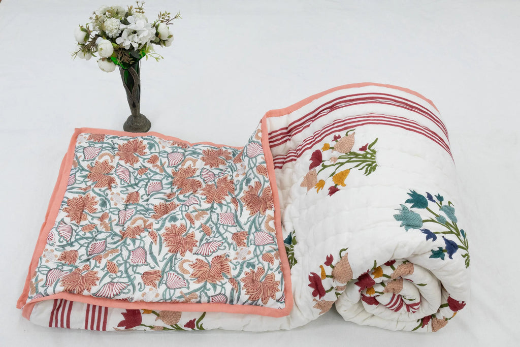 Multi Floral Hand Block Printed Jaipur Quilt | Cotton Razai