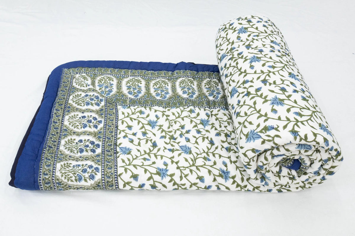 Reversible Cotton Razai & Quilt | Blue Floral Block Print
