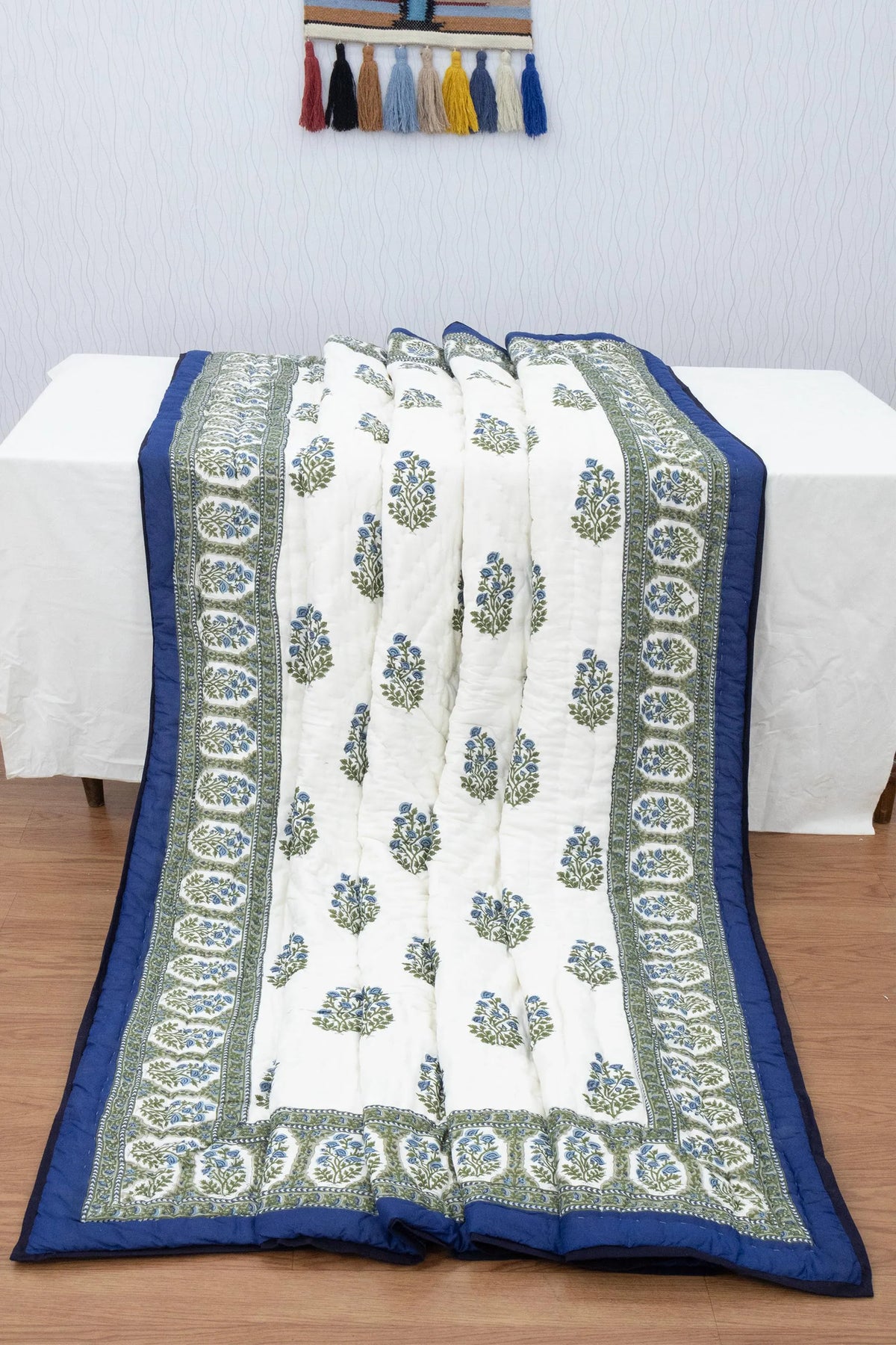 Reversible Cotton Razai & Quilt | Blue Floral Block Print