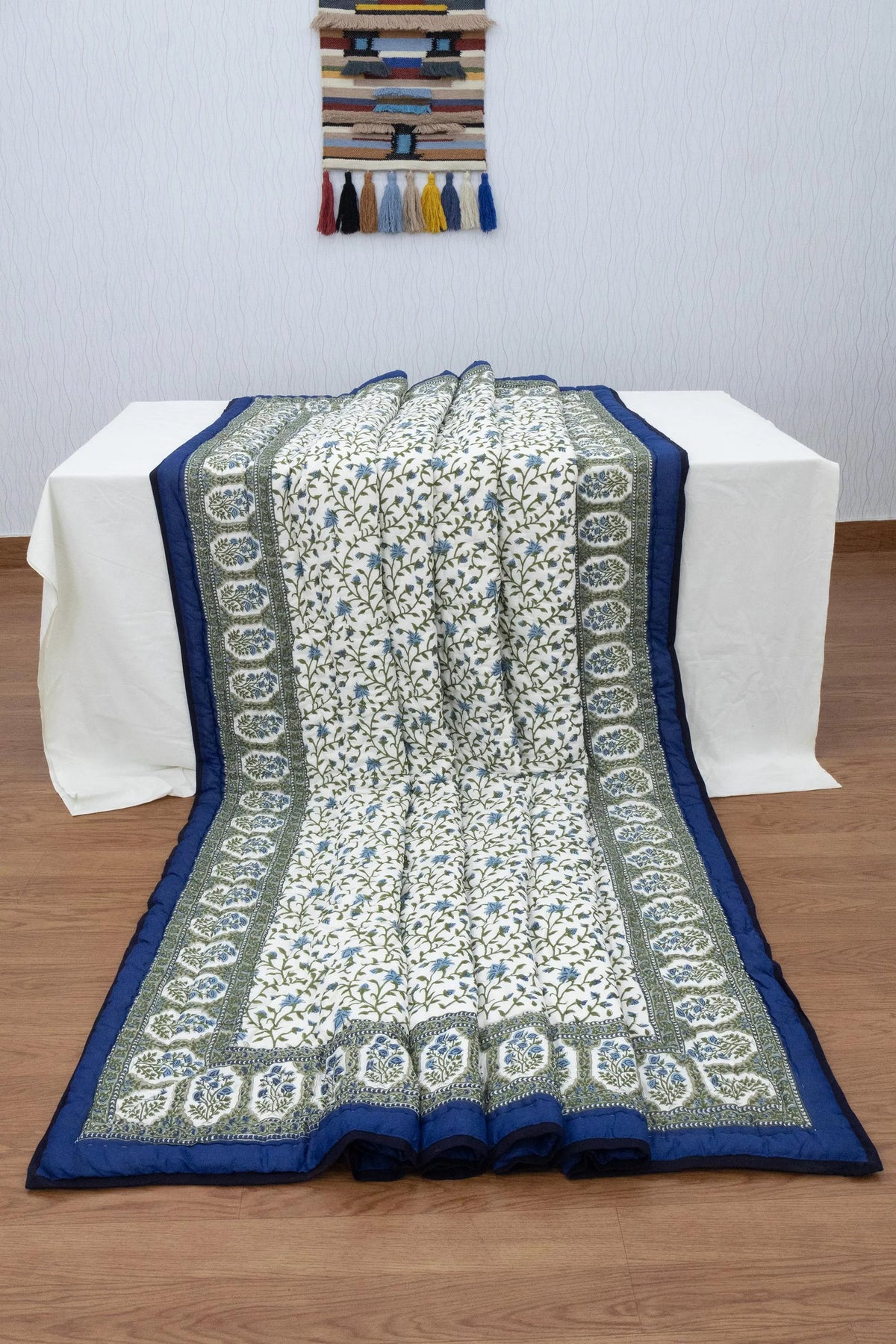 Reversible Cotton Razai & Quilt | Blue Floral Block Print