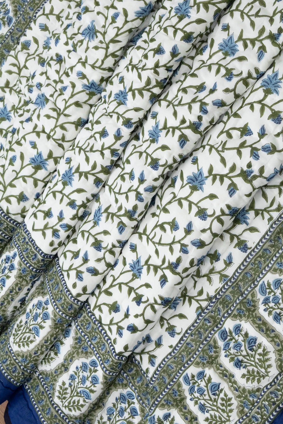 Reversible Cotton Razai & Quilt | Blue Floral Block Print