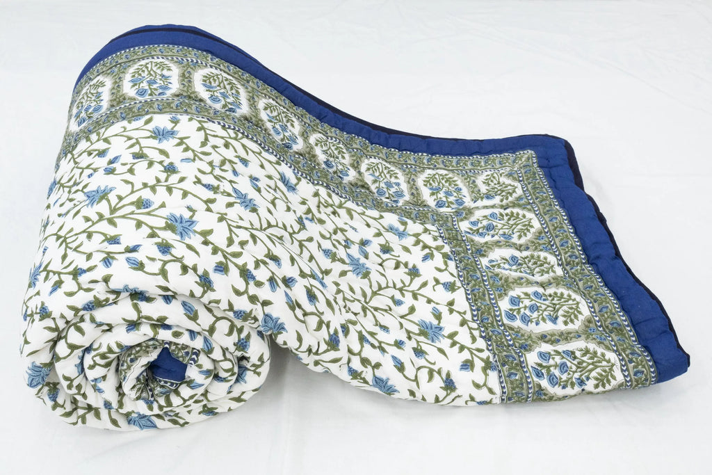 Reversible Cotton Razai & Quilt | Blue Floral Block Print
