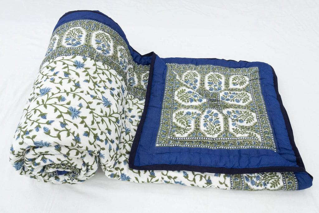 Reversible Cotton Razai & Quilt | Blue Floral Block Print