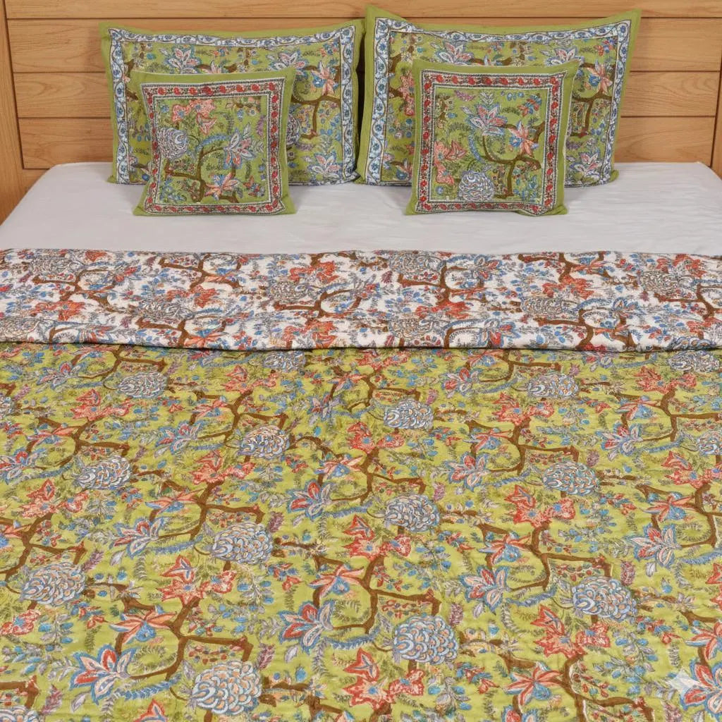 Green & Pink Floral Hand Block Printed Jaipur Quilt | Razai