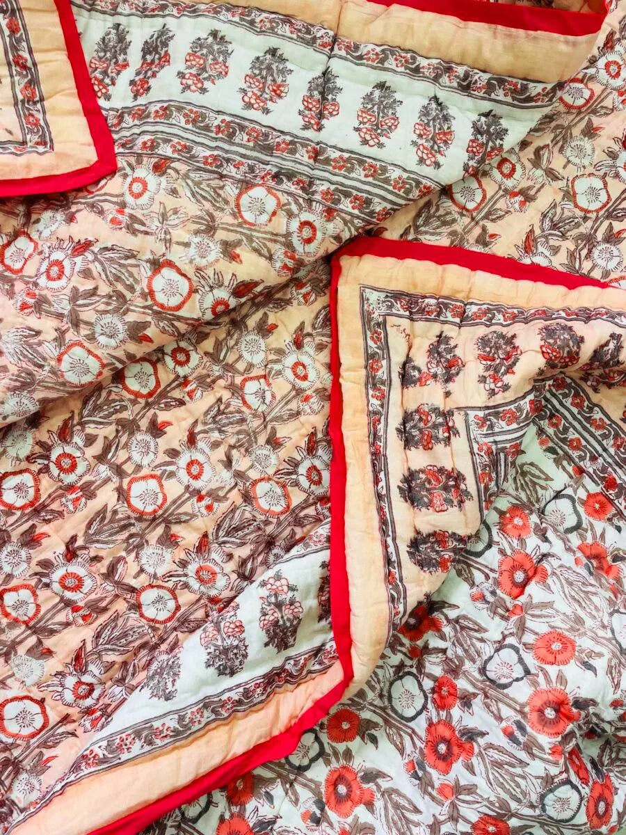Peach & Red Floral Hand Block Printed Jaipur Quilt | Razai