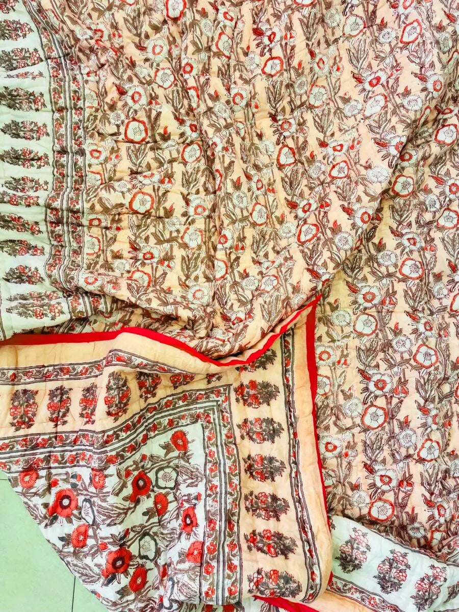 Peach & Red Floral Hand Block Printed Jaipur Quilt | Razai