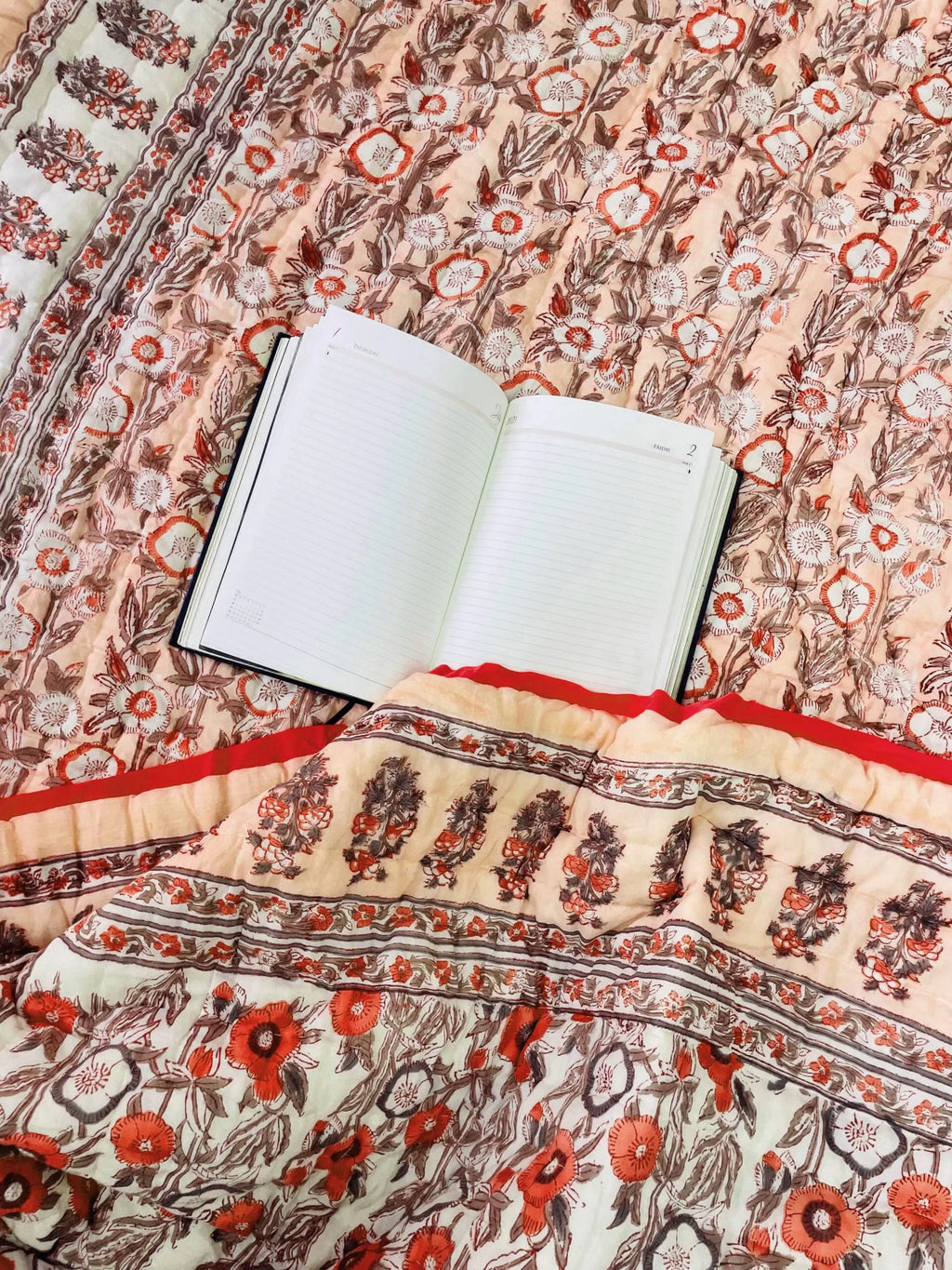 Peach & Red Floral Hand Block Printed Jaipur Quilt | Razai