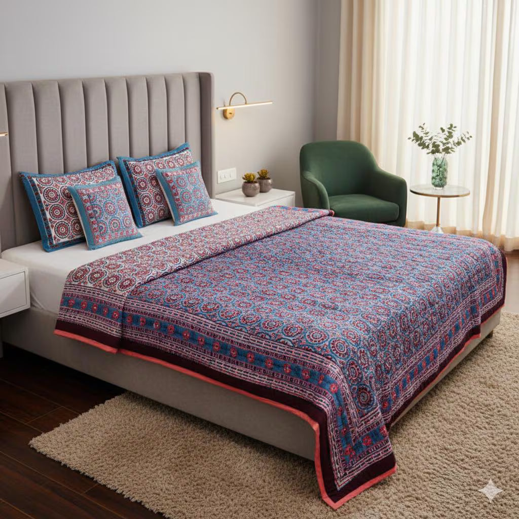 Blue & Maroon Hand Block Printed Jaipur Quilt | Cotton Razai