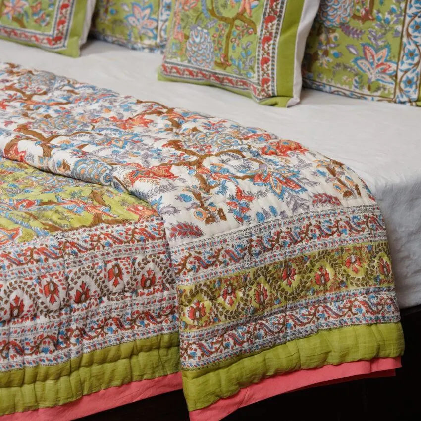 Green & Pink Floral Hand Block Printed Jaipur Quilt | Razai