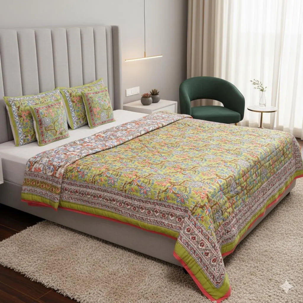 Green & Pink Floral Hand Block Printed Jaipur Quilt | Razai