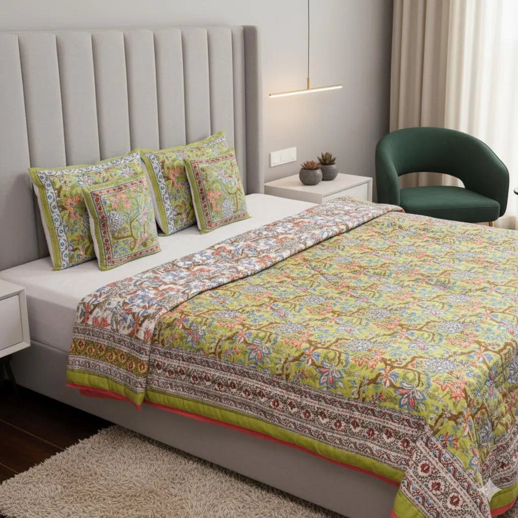Green & Pink Floral Hand Block Printed Jaipur Quilt | Razai