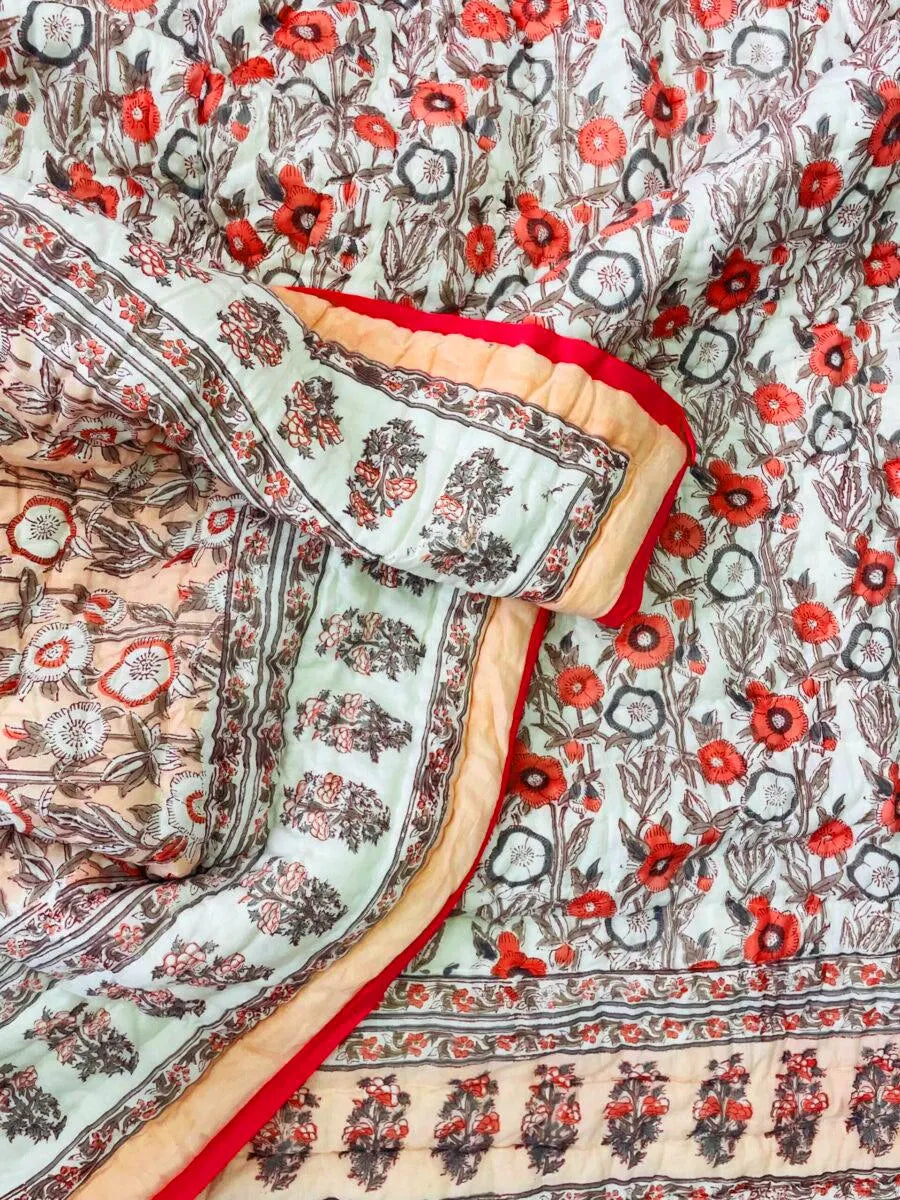Peach & Red Floral Hand Block Printed Jaipur Quilt | Razai