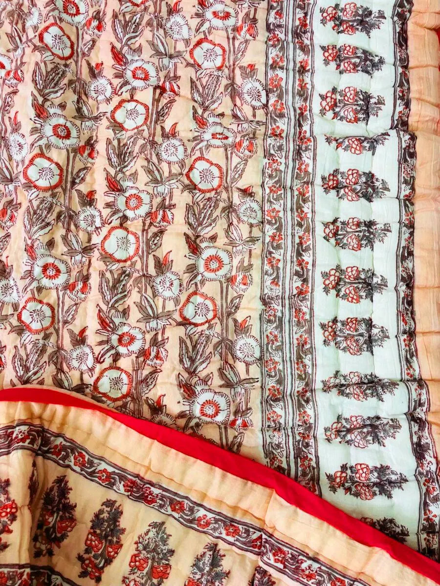 Peach & Red Floral Hand Block Printed Jaipur Quilt | Razai