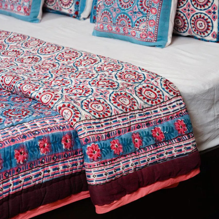 Blue & Maroon Hand Block Printed Jaipur Quilt | Cotton Razai