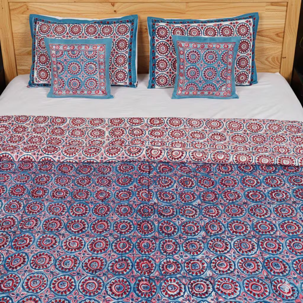 Blue & Maroon Hand Block Printed Jaipur Quilt | Cotton Razai