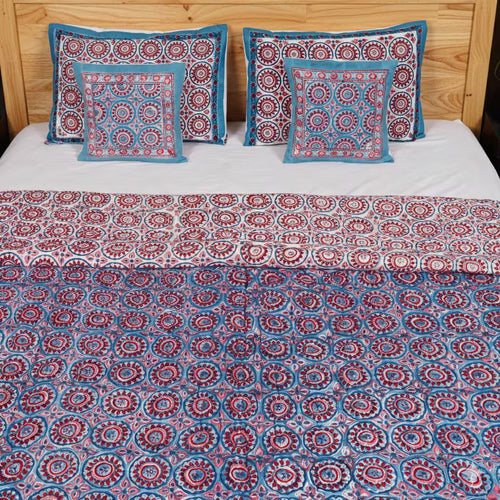 Blue & Maroon Hand Block Printed Jaipur Quilt | Cotton Razai