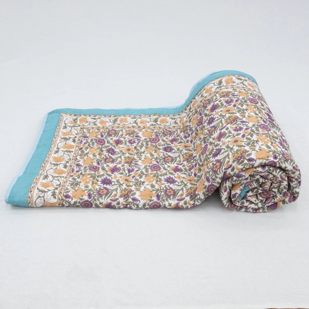 Blue Floral Hand Block Printed Jaipur Quilt | Cotton Razai