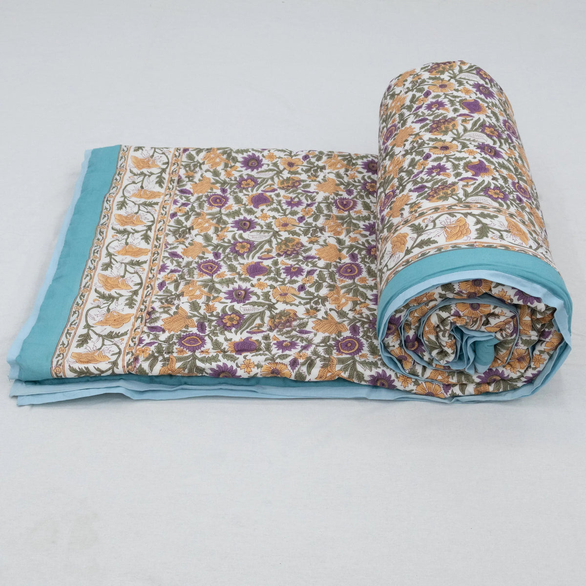 Blue Floral Hand Block Printed Jaipur Quilt | Cotton Razai