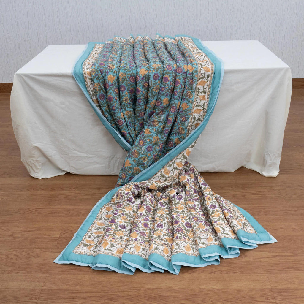 Blue Floral Hand Block Printed Jaipur Quilt | Cotton Razai