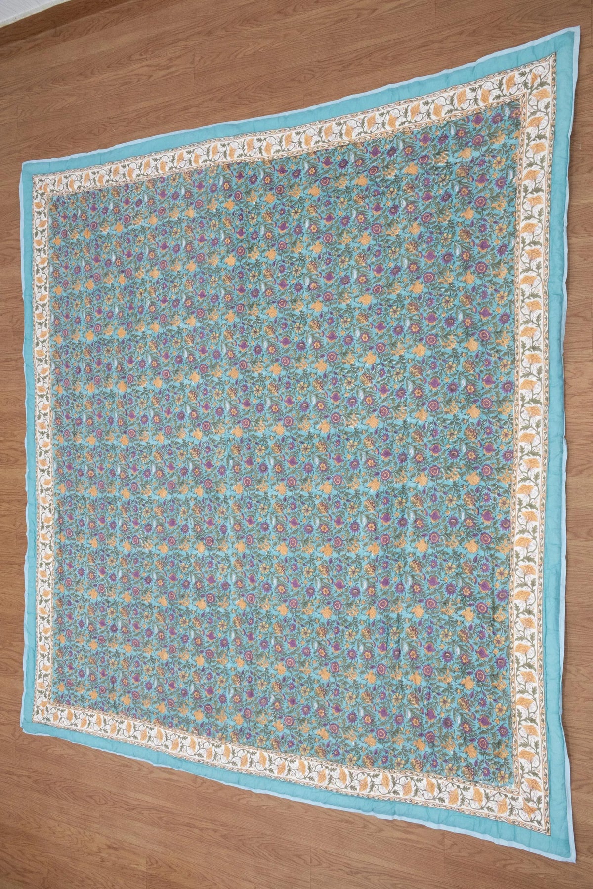 Blue Floral Hand Block Printed Jaipur Quilt | Cotton Razai