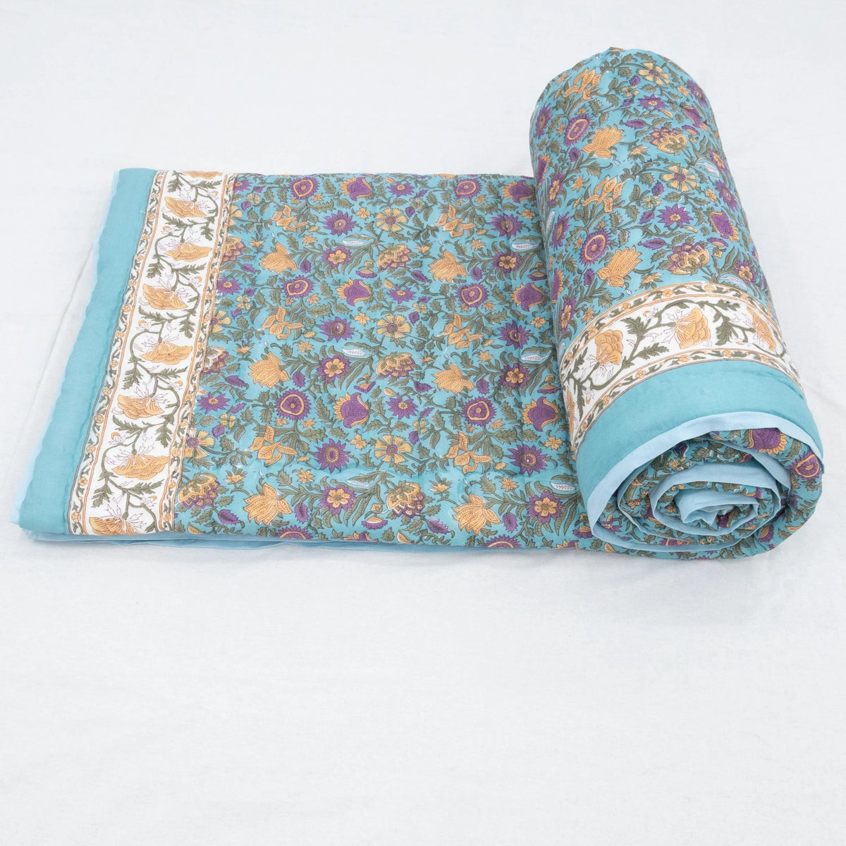 Blue Floral Hand Block Printed Jaipur Quilt | Cotton Razai