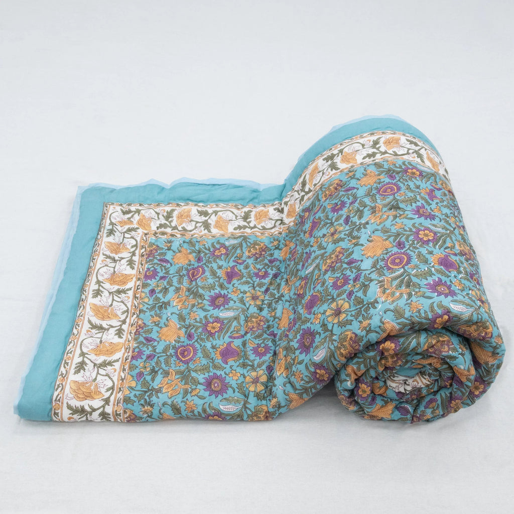 Blue Floral Hand Block Printed Jaipur Quilt | Cotton Razai