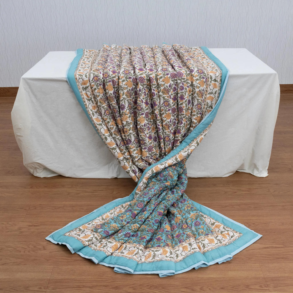 Blue Floral Hand Block Printed Jaipur Quilt | Cotton Razai