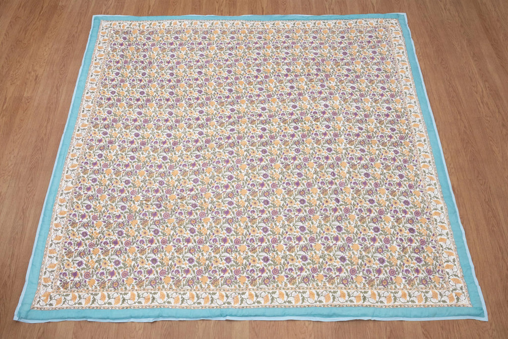 Blue Floral Hand Block Printed Jaipur Quilt | Cotton Razai