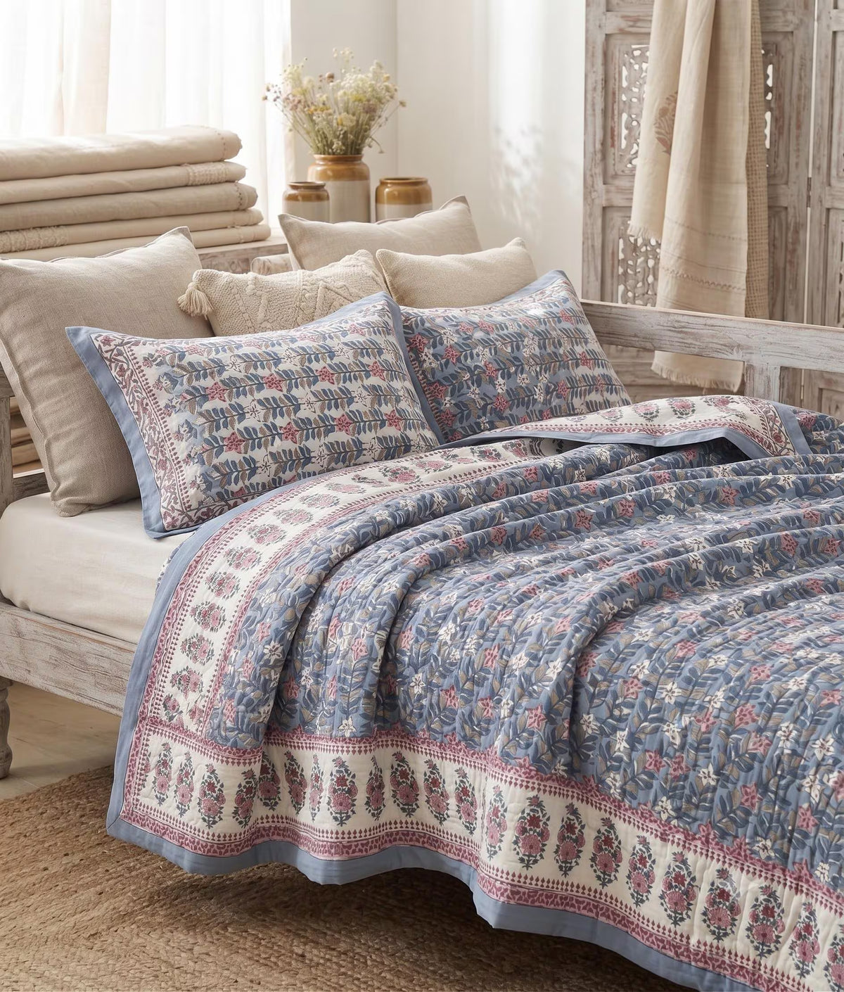 Blue Floral Hand Block Printed Jaipur Quilt | Cotton Razai