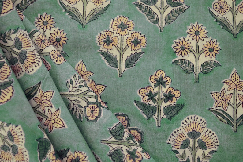 Mughal Floral Block Print Fabric: Green & Yellow Linen or Cotton