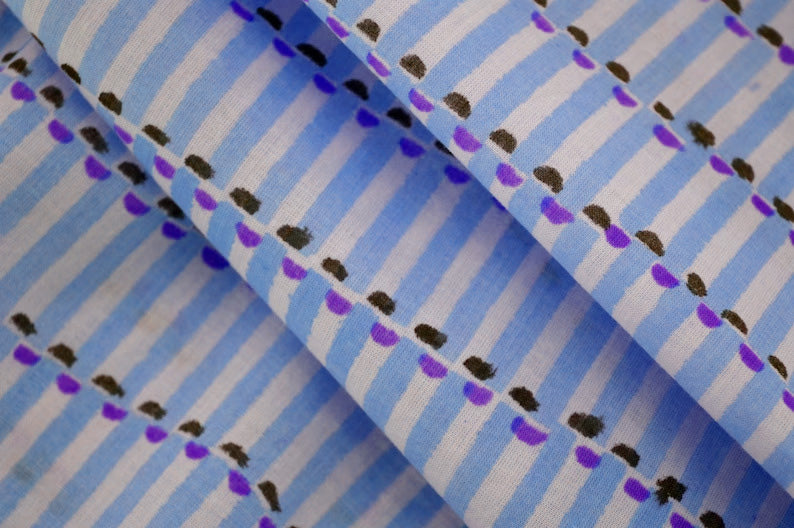 Blue Floral Block Print Linen Fabric - Indian Cotton By The Yard