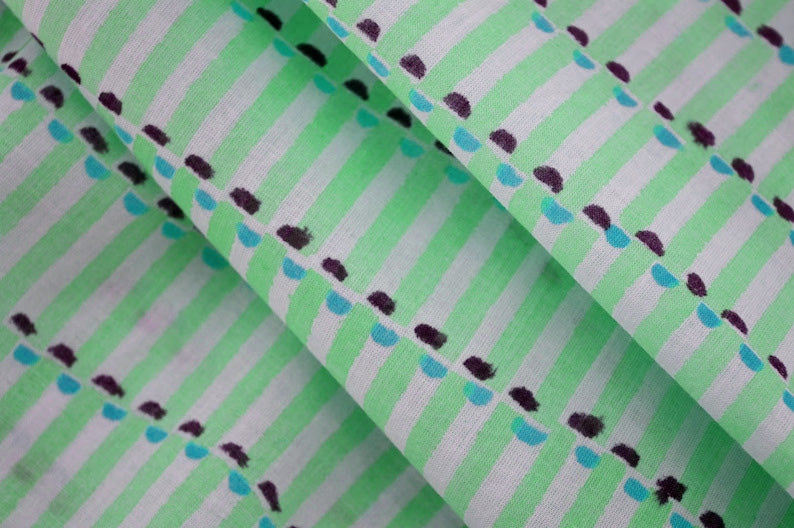 Green & White Floral Block Print Linen Fabric: Indian Mughal Style