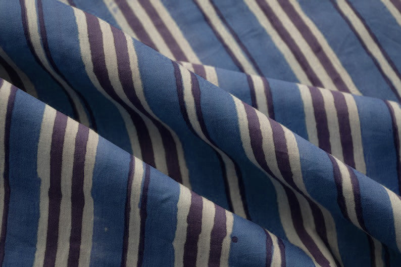 Blue Floral Block Print Linen Fabric - Indian Cotton By The Yard