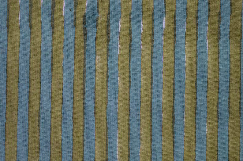 Blue & Olive Block Print Linen Fabric - Mughal Floral Design