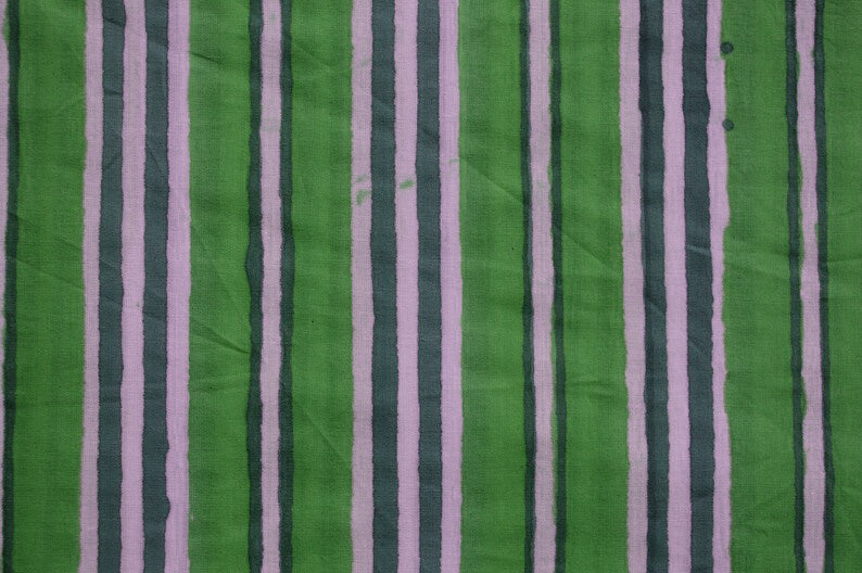 Blue & Green Floral Block Print Linen Fabric: Indian Mughal Style