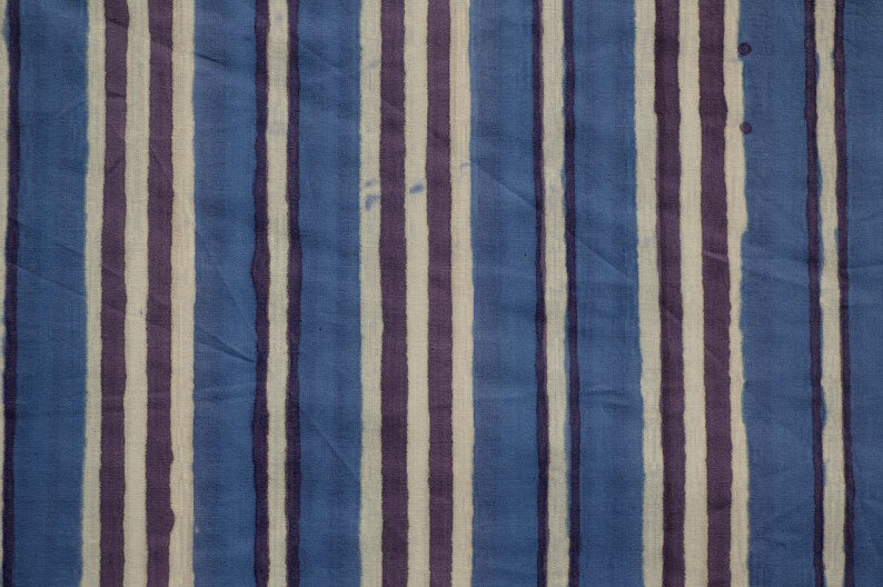 Blue Floral Block Print Linen Fabric - Indian Cotton By The Yard