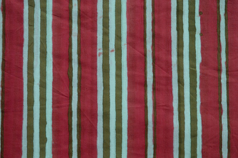 Mughal Floral Linen Fabric: Red & Green Block Print