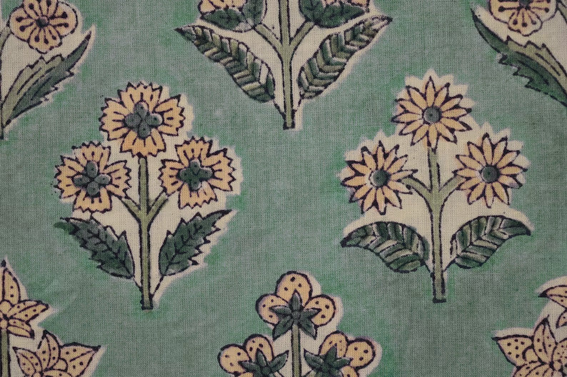 Mughal Floral Block Print Fabric: Green & Yellow Linen or Cotton