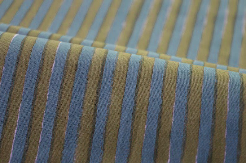 Blue & Olive Block Print Linen Fabric - Mughal Floral Design