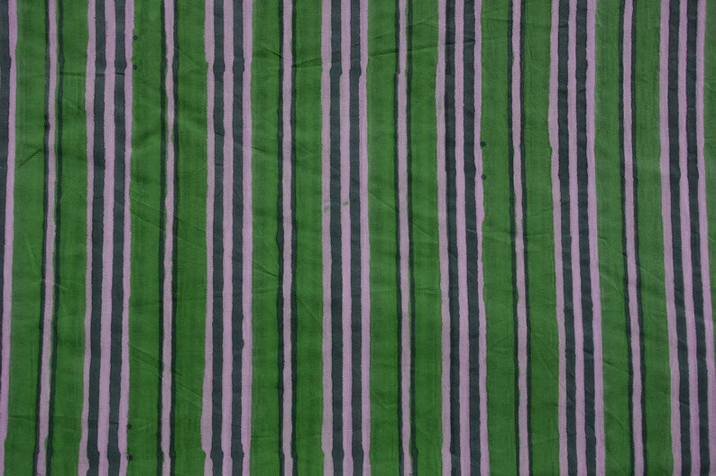Blue & Green Floral Block Print Linen Fabric: Indian Mughal Style