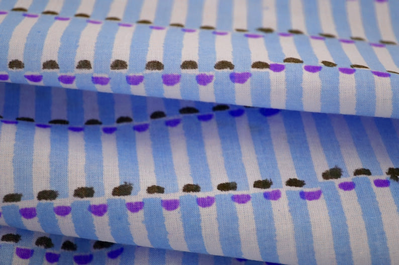 Blue Floral Block Print Linen Fabric - Indian Cotton By The Yard