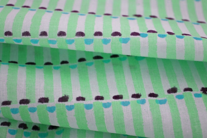 Green & White Floral Block Print Linen Fabric: Indian Mughal Style