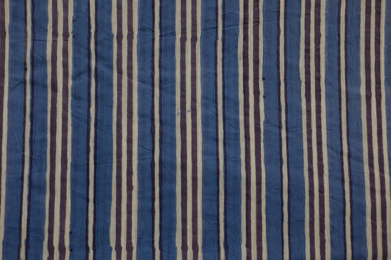 Blue Floral Block Print Linen Fabric - Indian Cotton By The Yard